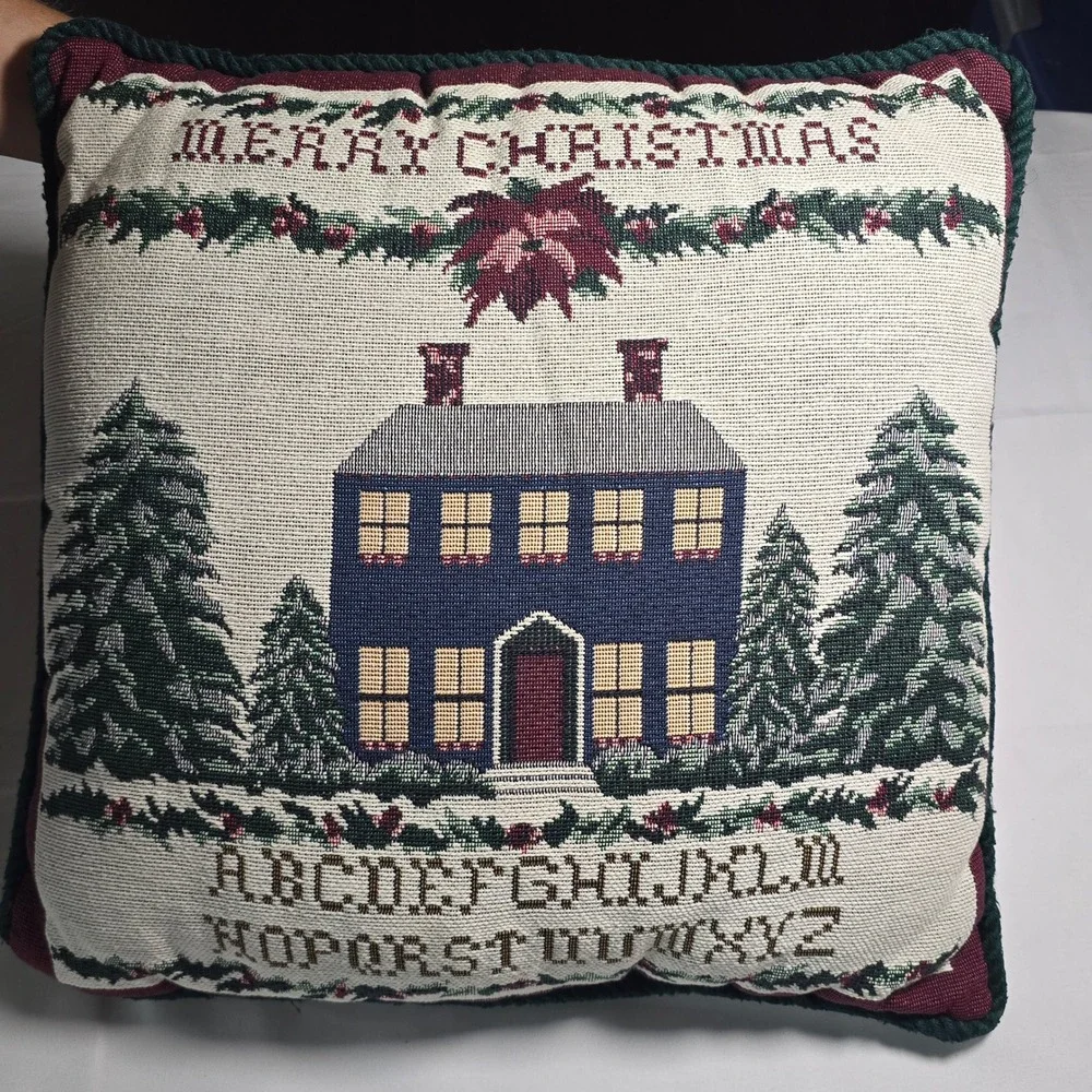 Vintage‎ Christmas Folk art Tapestry Pillow Colonial House Alphabet Woven 15x15